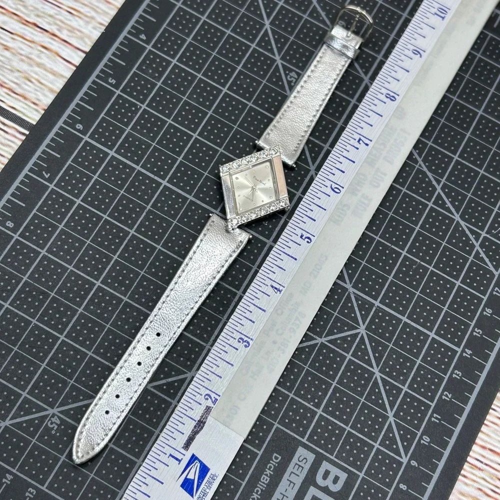 Pierre Nicol Womens Diamond Shape Rhinestone Silver Quartz Watch Leather‎ Strap
